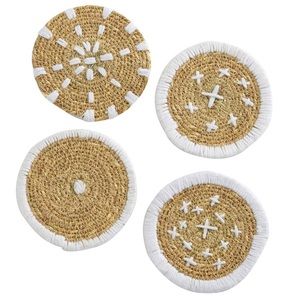 Bloomingville Round Hand-Embroidered Seagrass Woven Coaster set embroidery NWT